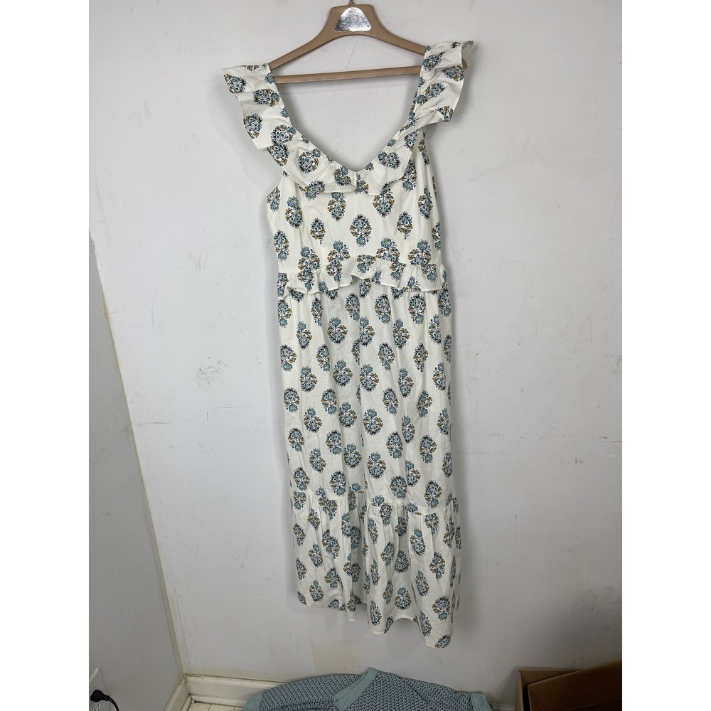 J Crew Womens Dress 8 White Smocked Ruffle Sleeve Floral Maxi Wedding Country